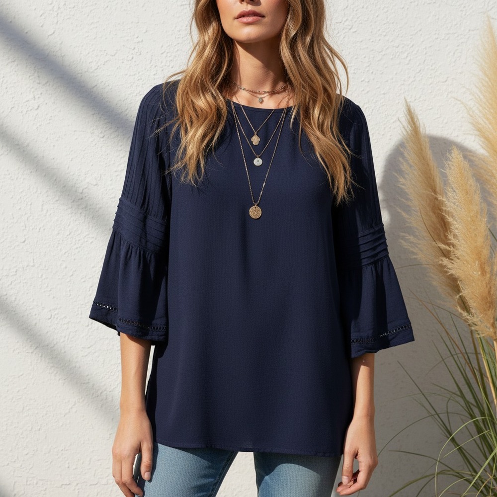 Daniel Rainn Top Blue Pintuck Lace Bell Slv Boho Peasant Coastal Whimsigoth Sz M